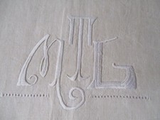 Antique French Pure Linen Sheet Deep Return Drawn Thread, Art Deco Monogram. MTL