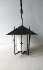 lustre suspension lanterne, en métal noir et opaline, années 50