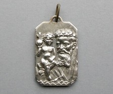 Saint Christopher and Jesus. Antique Religious Medal. French Large Pendant.