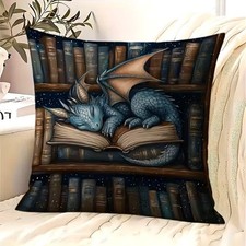 Housse de coussin DRAGONNEAU DE BIBLIOTHEQUE 45 cm DRAGON FANTASTIQUE