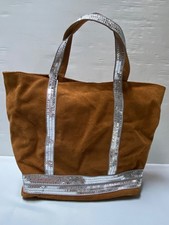 Sac cabas A4 daim cuir fauve sequins argent bohème chic Real Leather bag