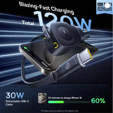 Baseus Chargeur de voiture 60W 4 en 1 avec câble rétractable pour iPhone 17 16