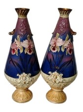 💐Paire De Vases Art Nouveau En Porcelaine Polychrome Décor Iris