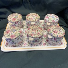 Ensemble Plateau Et 6 Pots A Crème Porcelaine Fine Décors Fleur (3)