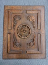 PLAQUE PANNEAU FRONTON BOIS SCULPTE RINCEAUX ET ROSACE  47CMX60CM F713