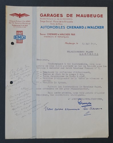 Facture 1939 chenard walcker - facture,