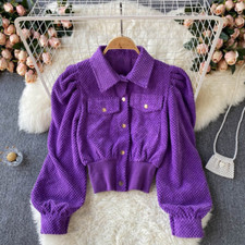 Femme Velours Court Veste Haut Chemisier Manches Ballons Bouton Casual Rétro