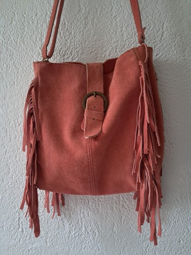 Sac cuir daim rose frange - sac,