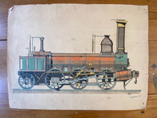 Ancien dessin original LOCOMOTIVE à vapeur ANTÉE/encre de chine /lavis couleurs