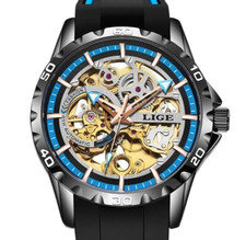 Montre Mécanique Homme LIGE LG89113 - BLACK & BLUE - Squelette Automatique