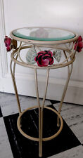 Vtg MidCentury FRENCH Round Glass Top Shabby Side Table/ Plant Stand with Roses