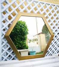 Vintage Très Joli Miroir Mural Hexagonal Avec Cadre En Laiton 53 Cm Objet Déco