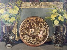 Edith FAUCON : Nature morte aux fleurs jaunes et aux plats hispano-mauresques