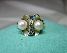 Saphir Perle Bague Fleur 14K or Blanc Rétro Hollywood Régence Art Déco
