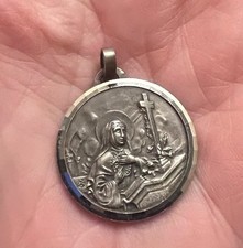 French Silver Medal Saint Rita 1” Pendant Charm Necklace Impossible Causes ￼