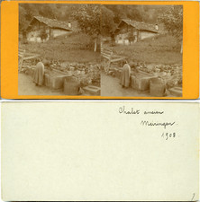 Stéréo, Suisse, Meiringen, ancien chalet et son lavoir, auge Vintage albumen ste