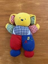 Peluche Doudou Hochet Lapin Chien coloré 22cm Vintage ABC JAUNE BLEU ROUGE Vichy