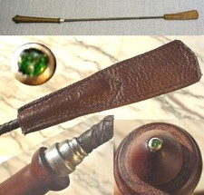 08 Ancienne neuve cravache luxe cuir Argent massif émeraude naturelle