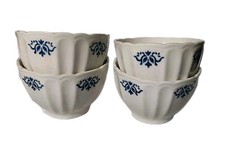 4 Bols Anciens Côtelé Blanc Décor Pochoir Fleurs Bleues