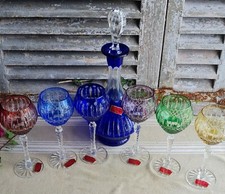 ANCIENS VERRES ET CARAFE CRISTAL DE LORRAINE BOHEME DE COULEURS