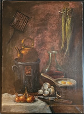 XIXe Huile Sur Toile Nature Morte Cuisine Signé à Identifier Et à Restaurer ART