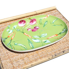 Grand plat long en porcelaine Geneviève Lethu / Jardin d'été 32 cm