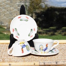 Paire de tasses à café / thé + soucoupes en faïence de MBFA Pornic modèle Coq
