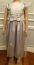 * ROBE PRINCESSE SATIN GRIS TISSU MOTIFS ARGENT FLEURS 4/5 ANS FAIT MAIN NEUVE *