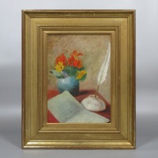 Vintage French Oil Painting Bouquet flowers Nasturtiums Letter Quill Pen Signed