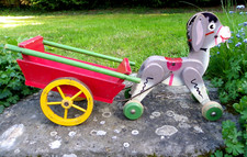 GRAND ÂNE ET SA CARRIOLE - JOUET ANCIEN EN BOIS VERS 1950 - CLAIRBOIS