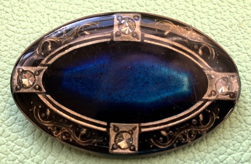 Broche ovale bleue noire style - broche,