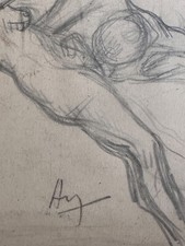 Ancien dessin portrait jeune femme nue couple enlacé curiosa monogramme art nouv