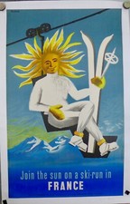   Affiche Originale  Lithographique Entoilee LE SKI en FRANCE par Dubois