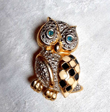 Broche Vintage Ancienne Hiboux Dore émaillée