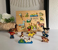 8 ⚜️ Ancien Puzzle en Bois Fisher Price 507-E Les Animaux De La Ferme 9 Pièces
