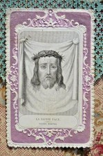 ANCIENNE IMAGE PIEUSE CANIVET DENTELLE BICOLORE XIXe "La Sainte Face" 
