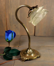 Antique French Bronze Desk Table Lamp Brass Ornate Rose Glass Shade Art Nouveau