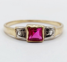 Bague art deco or 18k rubis synthétique et diamant taille rose (circa 1920)