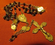 CHAPELET ancien PERLES GRENAT facetté MAILLE MEDAILLE & CROIX plaqué OR