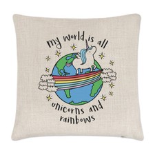 Mon Monde Est Tout Licornes Et Arcs-en-Ciel Coussin Lin Housse Oreiller - Drôle