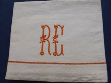 Drap écru brodé orange Monogramme RC ancien 2 personnes 206 x 280 cm toile métis