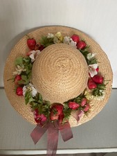 grand chapeau de paille ancien couronnes de fraises et fleurs (ref 76)
