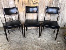 Serie de 3 Chaises Scandinave Bois Pieds Compas & Skai Noir Vintage #A033