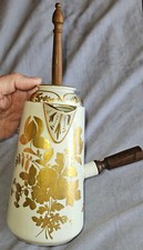 Chocolatière vintage porcelaine blanche & or Décor fleurs dorées + moussoir bois