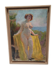 Ecole française du début XXème - Nue au drap jaune - Huile sur toile - Encadrée