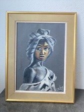 Ancien tableau Portrait Femme Africaine Signe Gaby? Craie ? Deco Ethnique