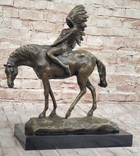 Statue En Marbre Bronze Chef Indien Américain Cheval Sculpture Décor LRG