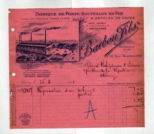 PARIS (II°) USINE d'ARTICLES DE CAVE & PORTE-BOUTEILLE "BARBOU" Facture en 1911