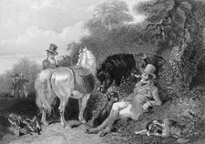CHASSERESSES près de leurs CHEVAUX - Gravure anglaise du 19e siècle