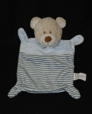 Peluche doudou ours plat NICOTOY bleu rayé col TTBE 